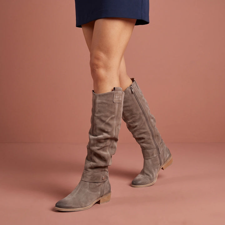 Vivian Suede Slouch Riding Boots - Gray