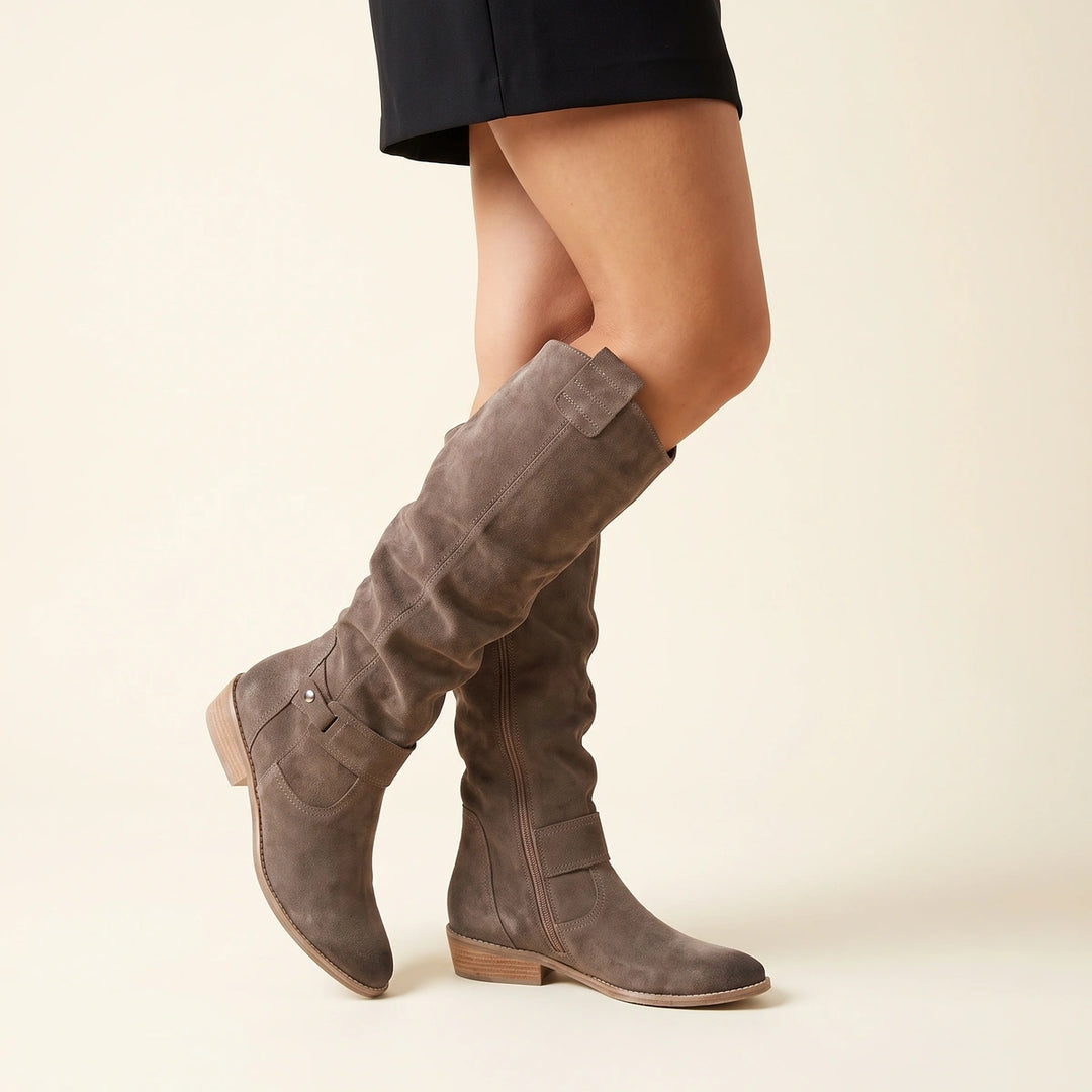 Vivian Suede Slouch Riding Boots - Gray