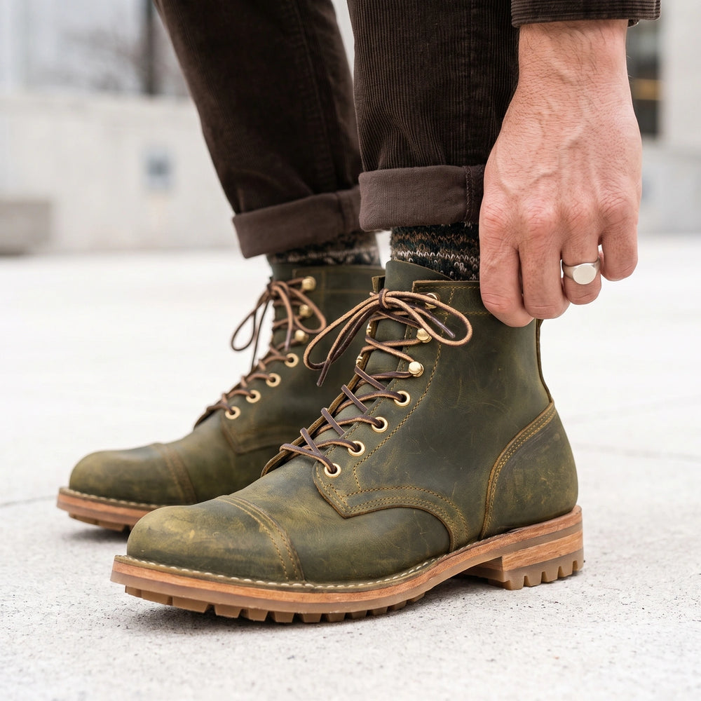 Warrick Moc Toe Lace Up Boots - Olive
