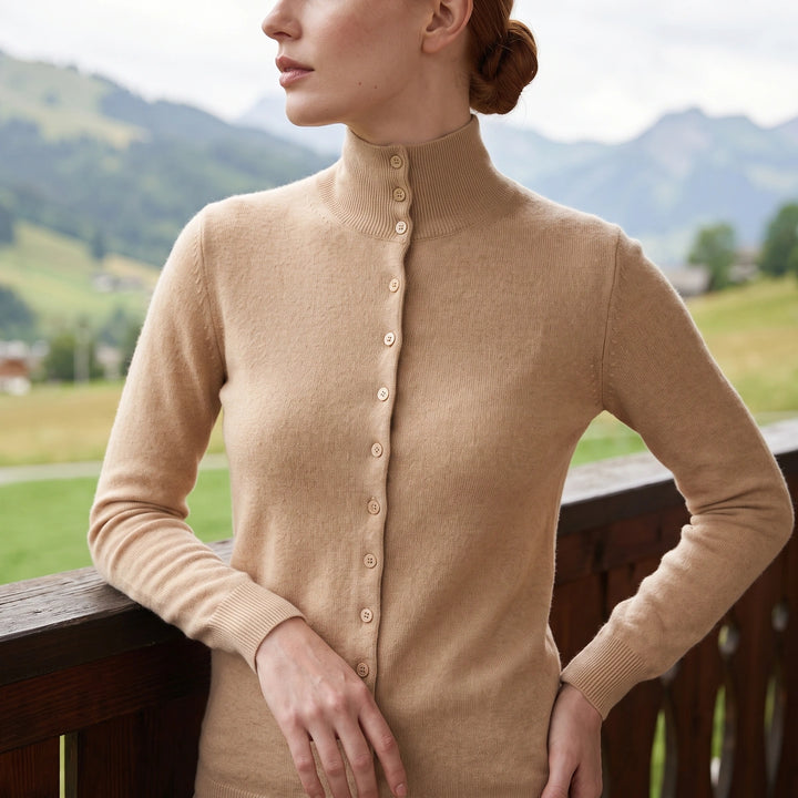 Wendeline Cashmere Mock Neck Button Cardigan - Beige