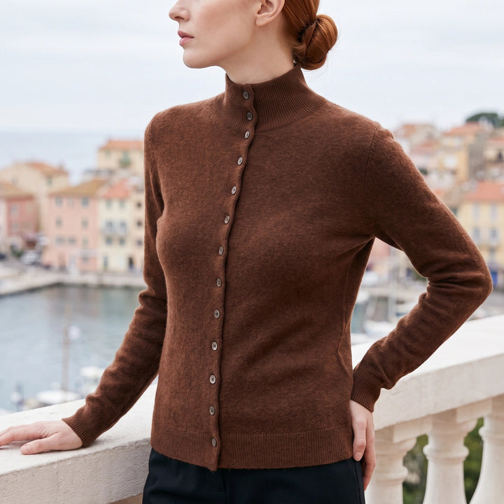 Wendeline Cashmere Mock Neck Button Cardigan - Brown