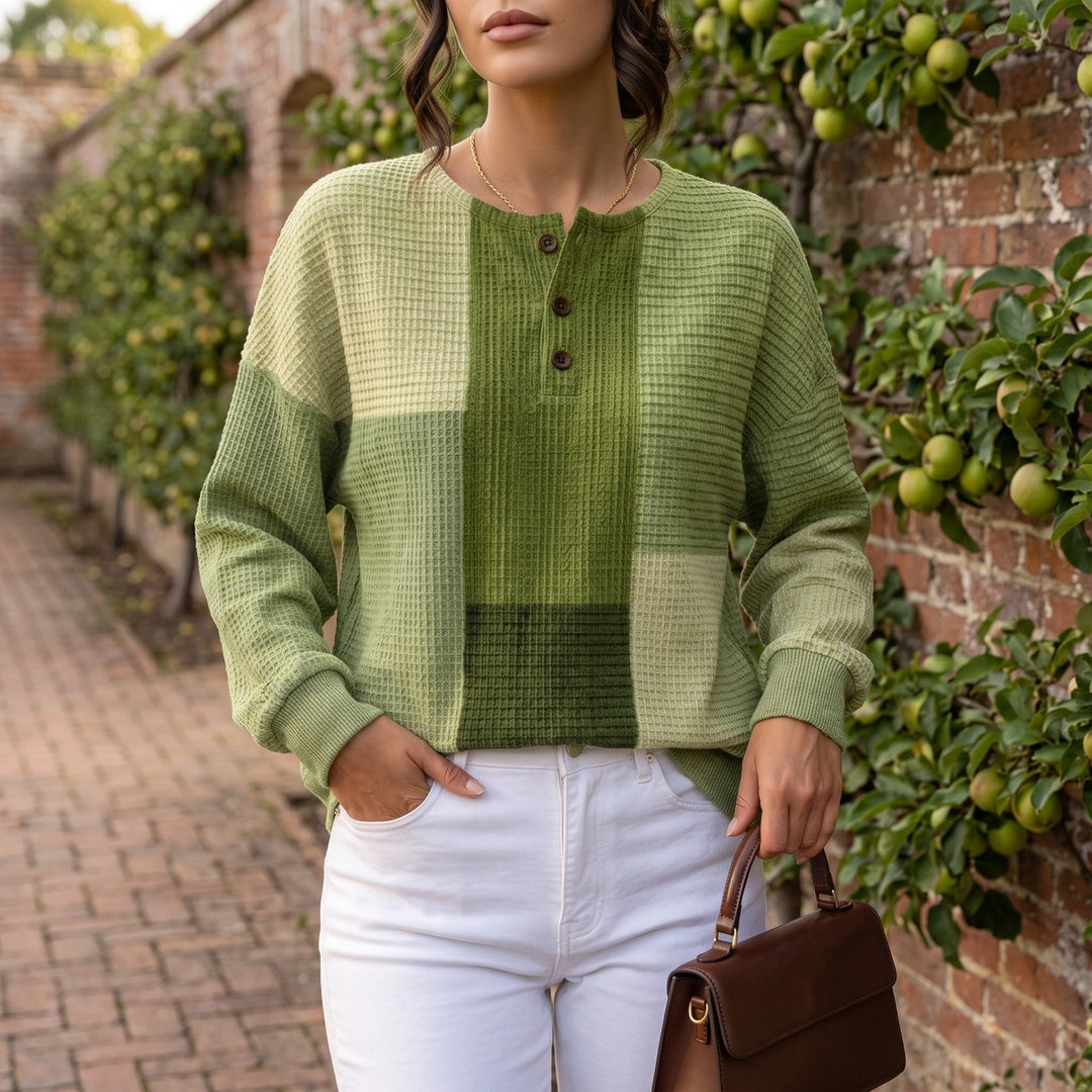 Willa Patchwork Waffle Knit Henley Sweater - Green