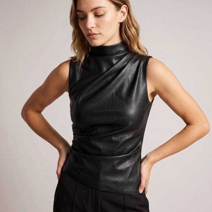 Winifred Draped Vegan Leather Top - Black
