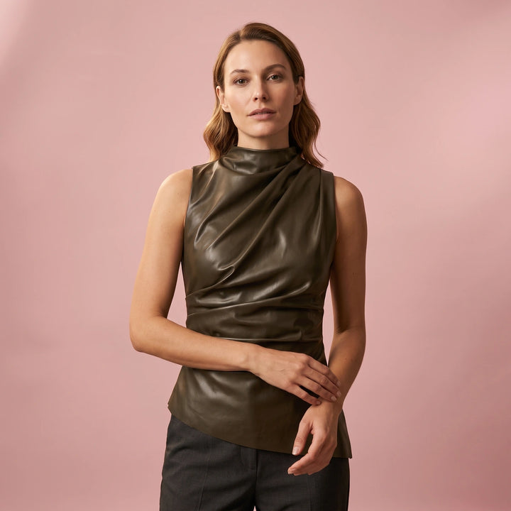 Winifred Draped Vegan Leather Top - Olive