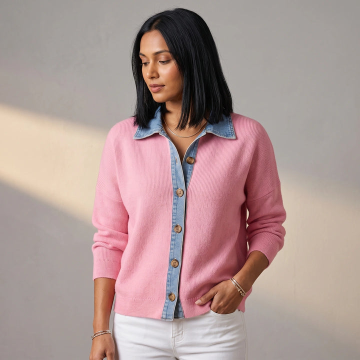 Winslet Denim Collar Button Knit Cardigan - Pink