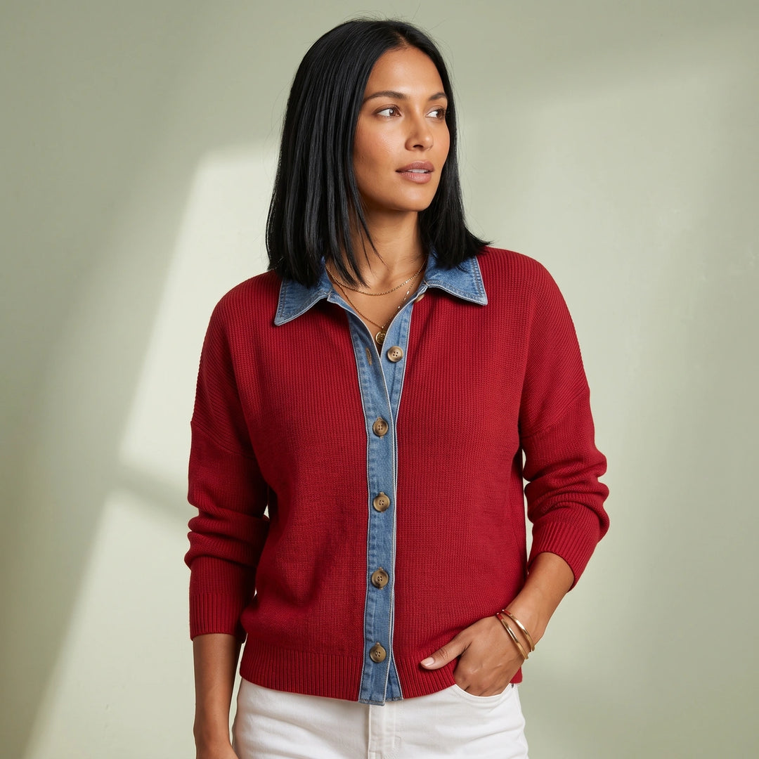 Winslet Denim Collar Button Knit Cardigan - Red