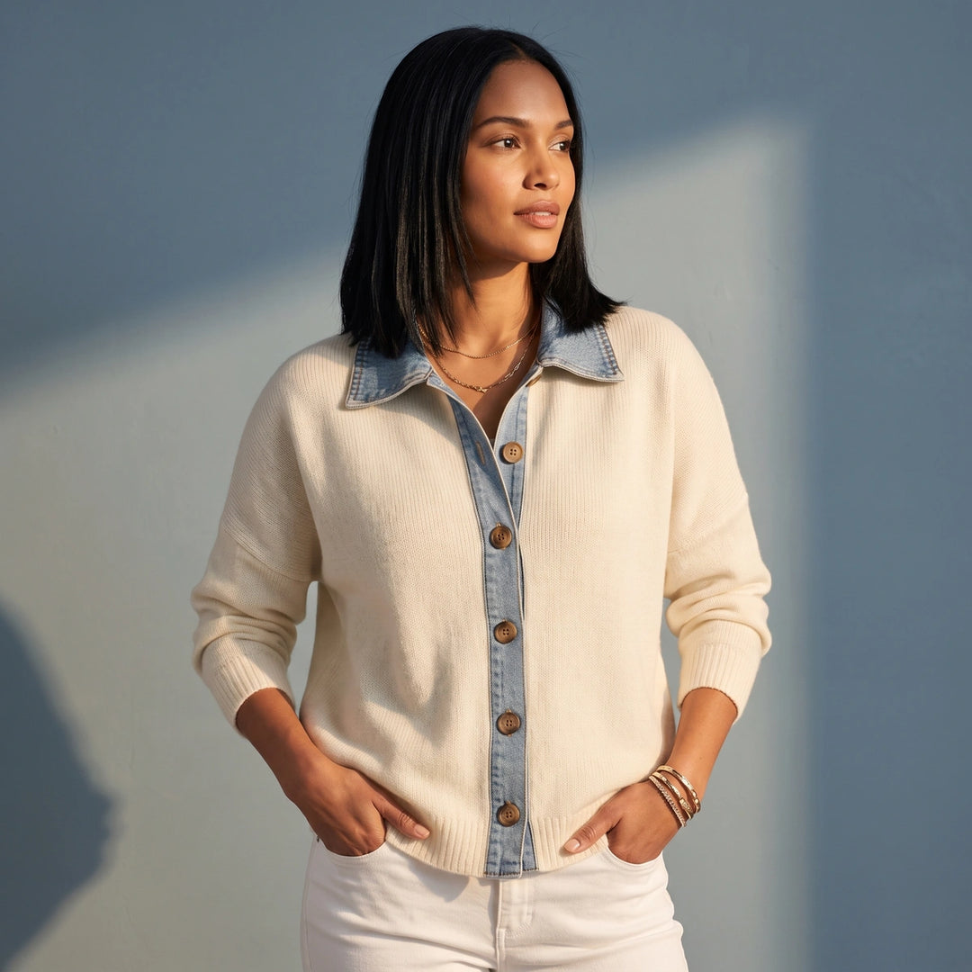 Winslet Denim Collar Button Knit Cardigan - White
