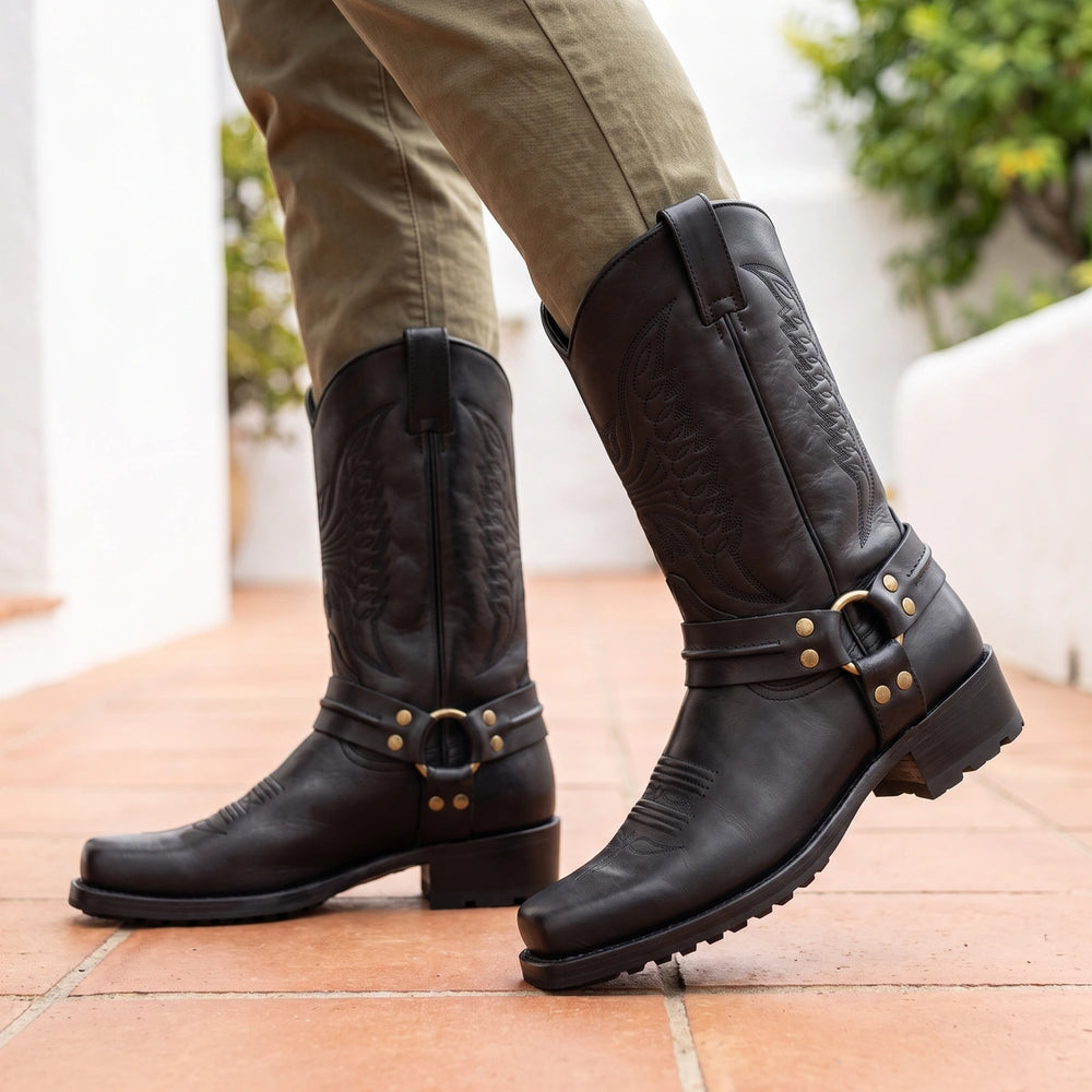 Wolfgang Ring Harness Embroidered Western Boots - Black
