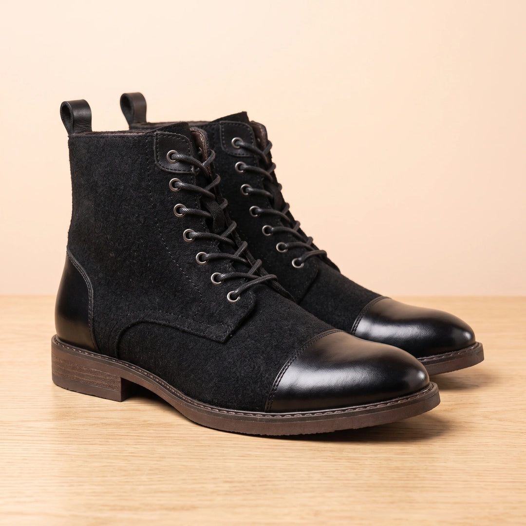 Wolfram Leather Virgin Wool Cap Toe Boots - Black