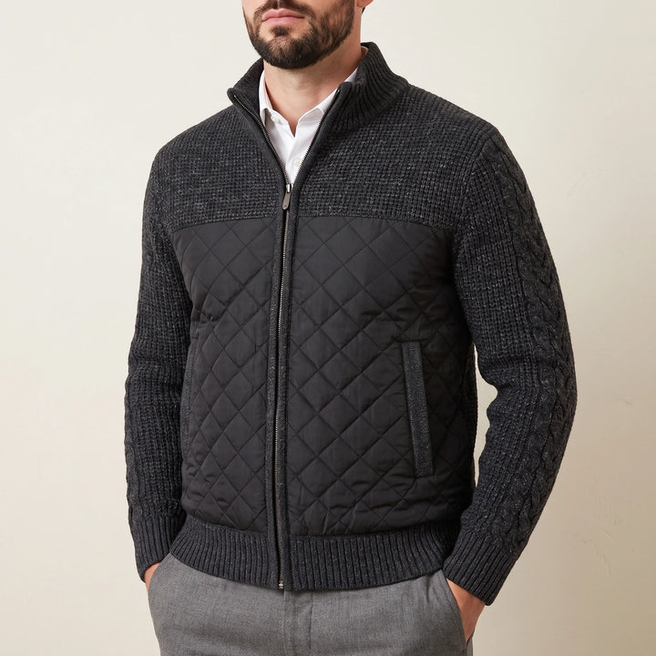 Yannick Quilted Front Wool Knit Full Zip Jacket - Black