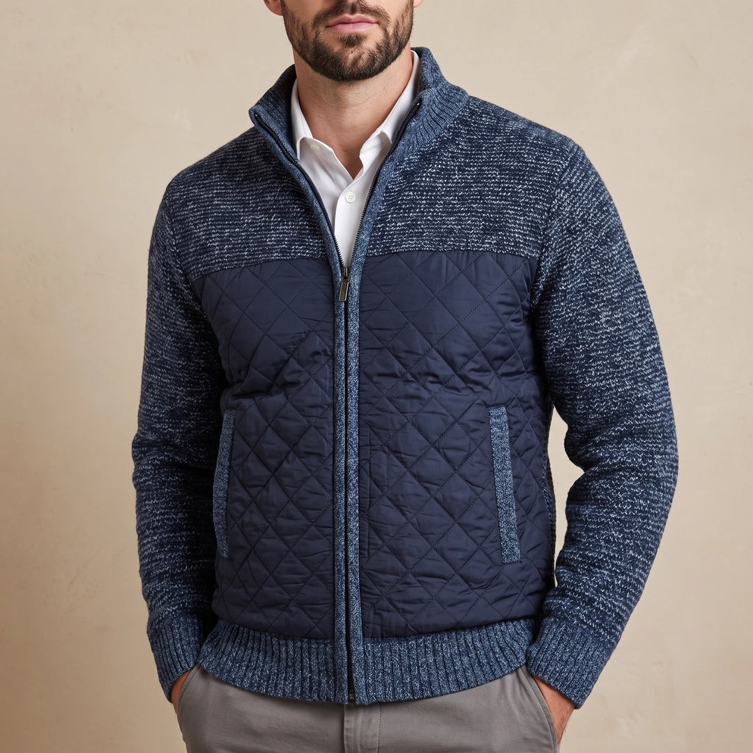 Yannick Quilted Front Wool Knit Full Zip Jacket - Blue