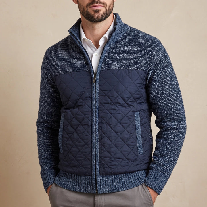Yannick Quilted Front Wool Knit Full Zip Jacket - Blue