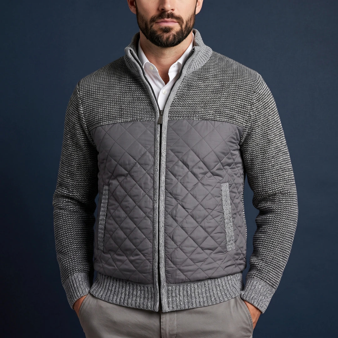 Yannick Quilted Front Wool Knit Full Zip Jacket - Gray