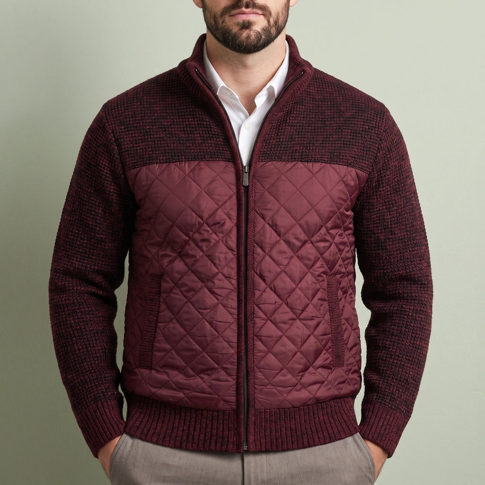 Yannick Quilted Front Wool Knit Full Zip Jacket - Wine