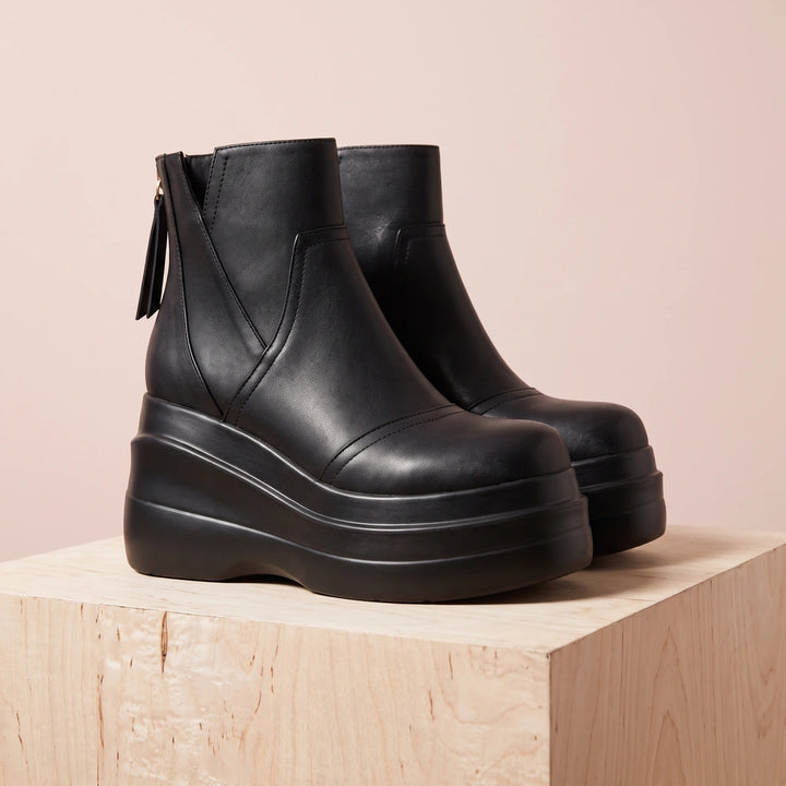 Yolanda Tiered Wedge Leather Back Zip Booties - Black