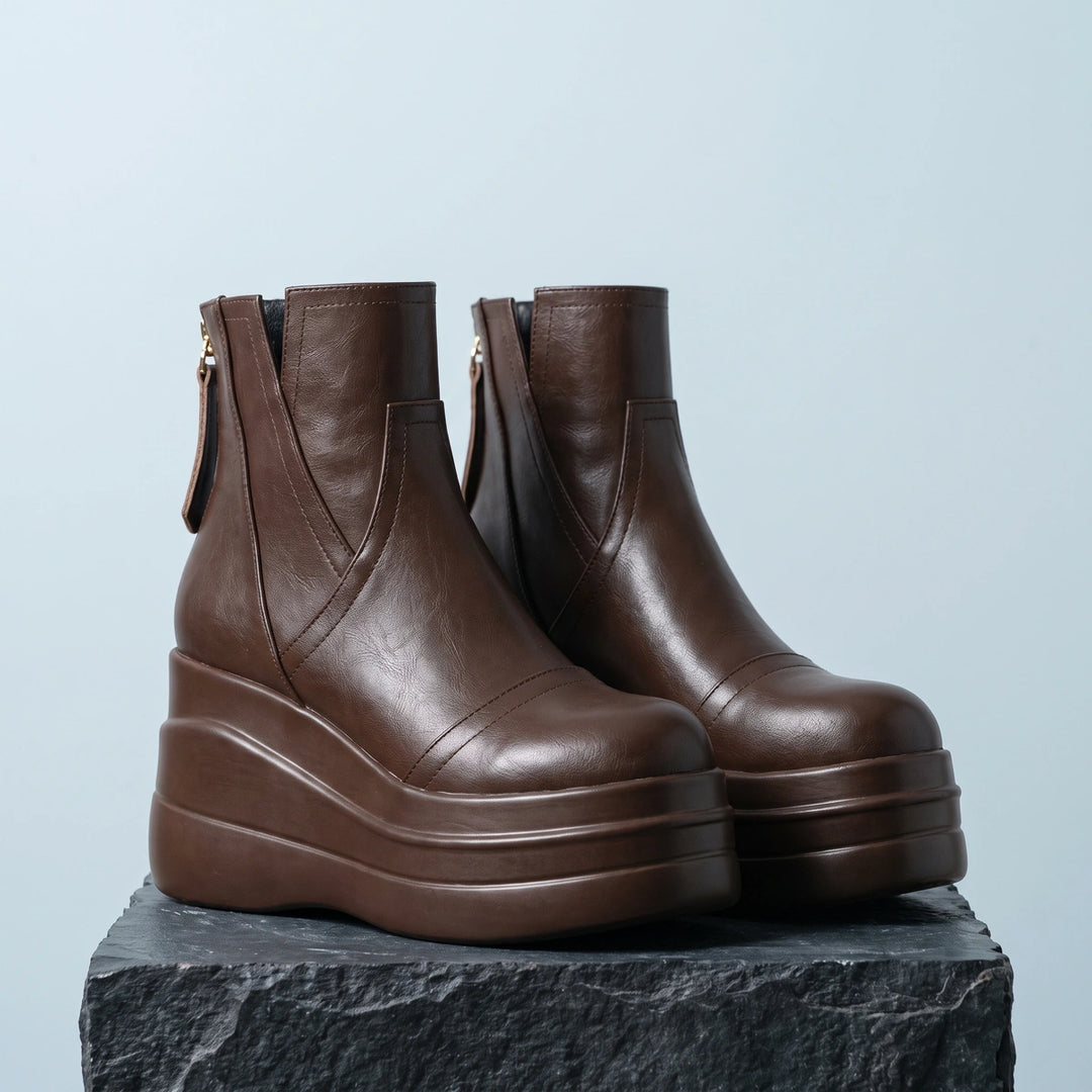 Yolanda Tiered Wedge Leather Back Zip Booties - Brown