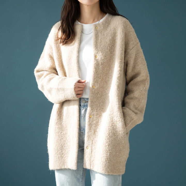 Zora Fluffy Knit Collarless Long Cardigan - Beige